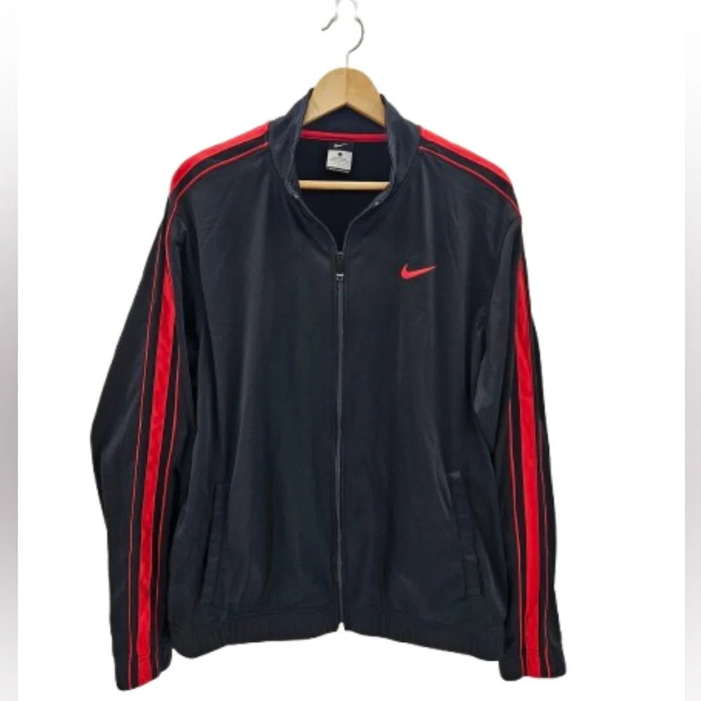 Nike Track Jacket Mens Large Black Red Zip Up Athletic Y2K Retro Swoosh